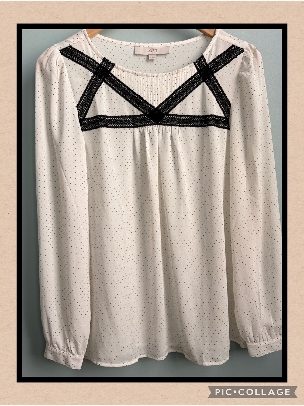 LOFT White Blouse with Black Lace Yoke and Tiny Polka Dots